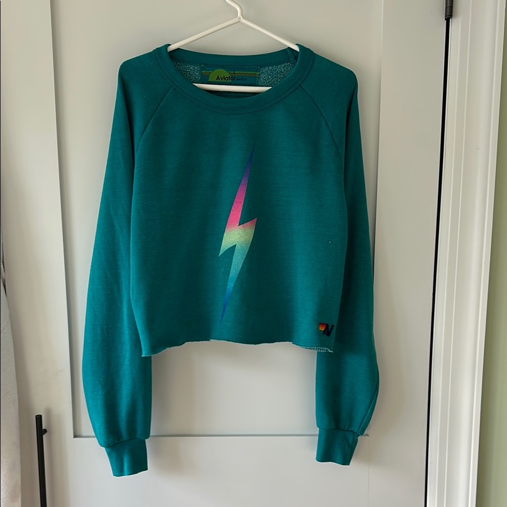 Aviator Nation Teal Sweatshirt with Lightning Bolt